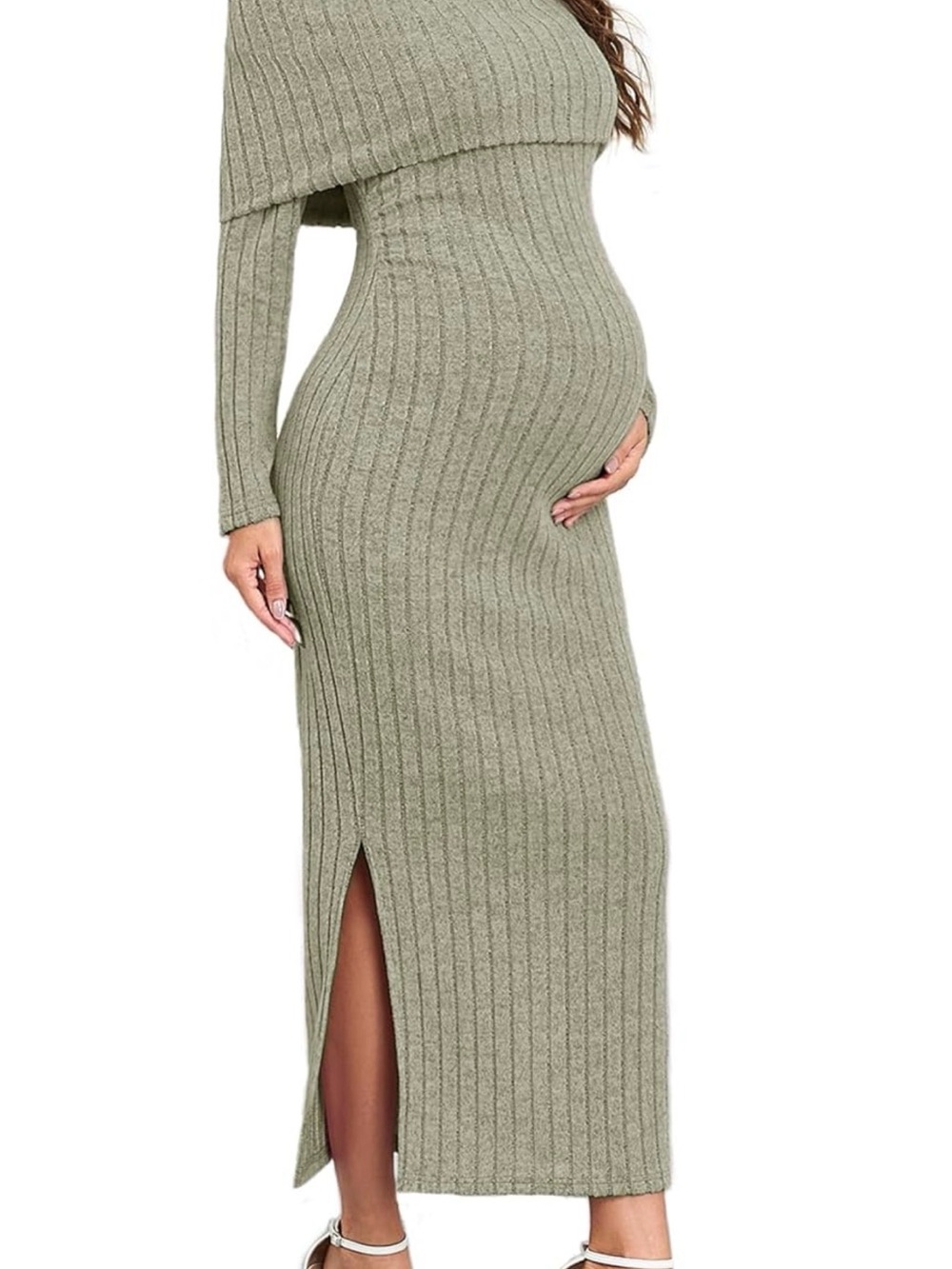 Ribbed Off-Shoulder Maternity Maxi Dress - Olive